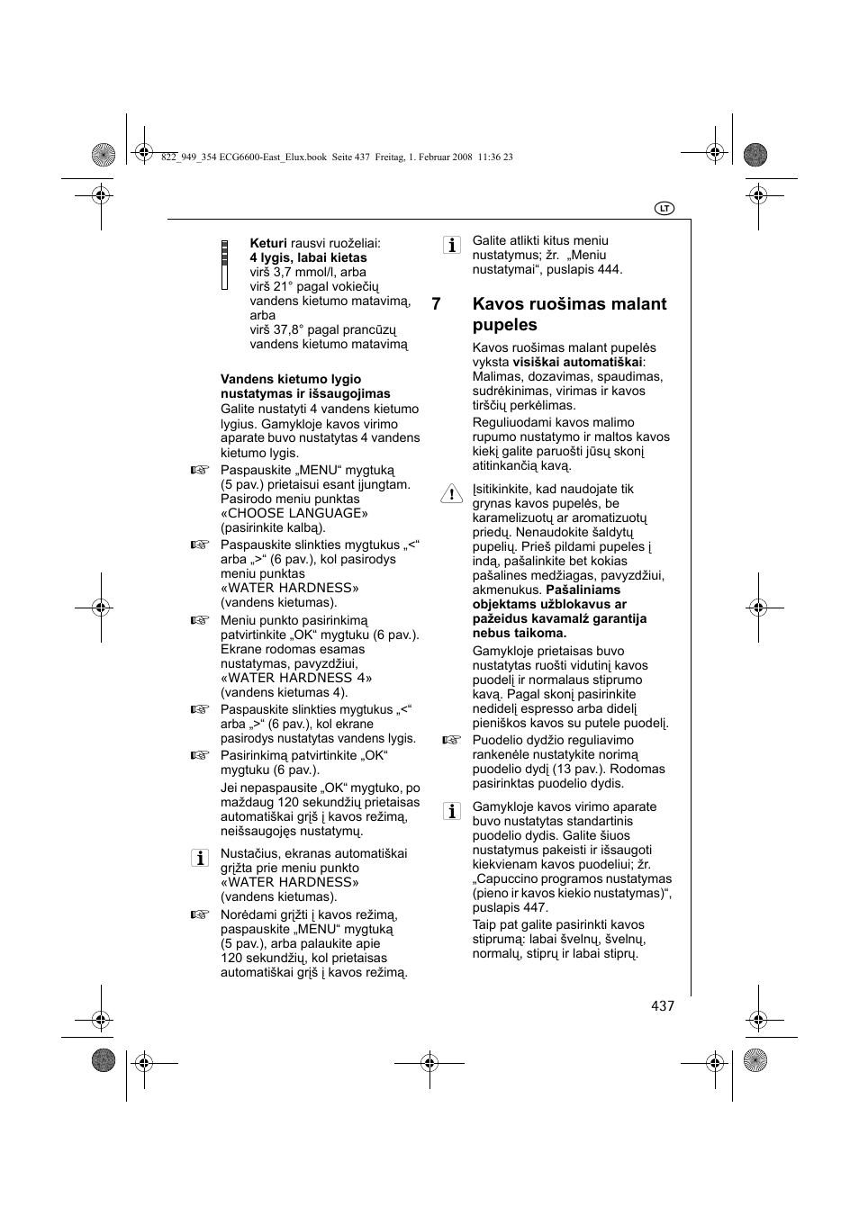 7kavos ruošimas malant pupeles | Electrolux ECG6600 User Manual | Page 437 / 616