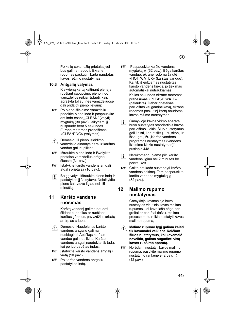 11 karšto vandens ruošimas, 12 malimo rupumo nustatymas | Electrolux ECG6600 User Manual | Page 443 / 616