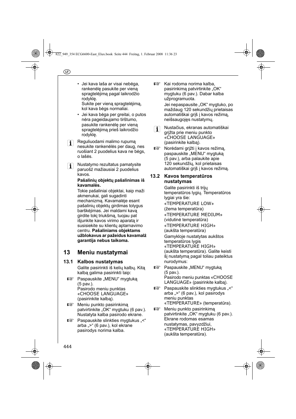 13 meniu nustatymai | Electrolux ECG6600 User Manual | Page 444 / 616