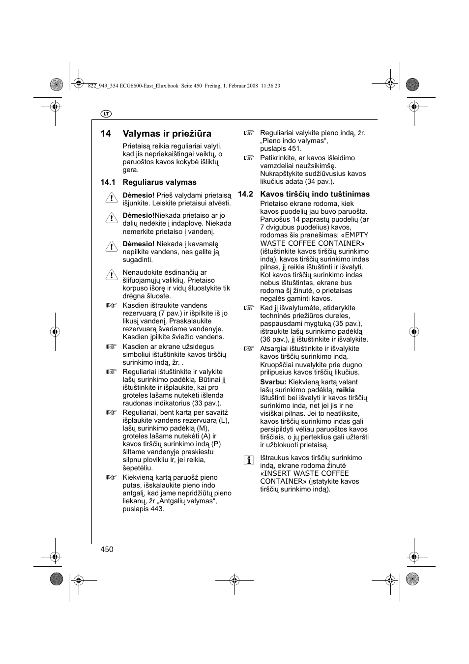 14 valymas ir priežiūra | Electrolux ECG6600 User Manual | Page 450 / 616