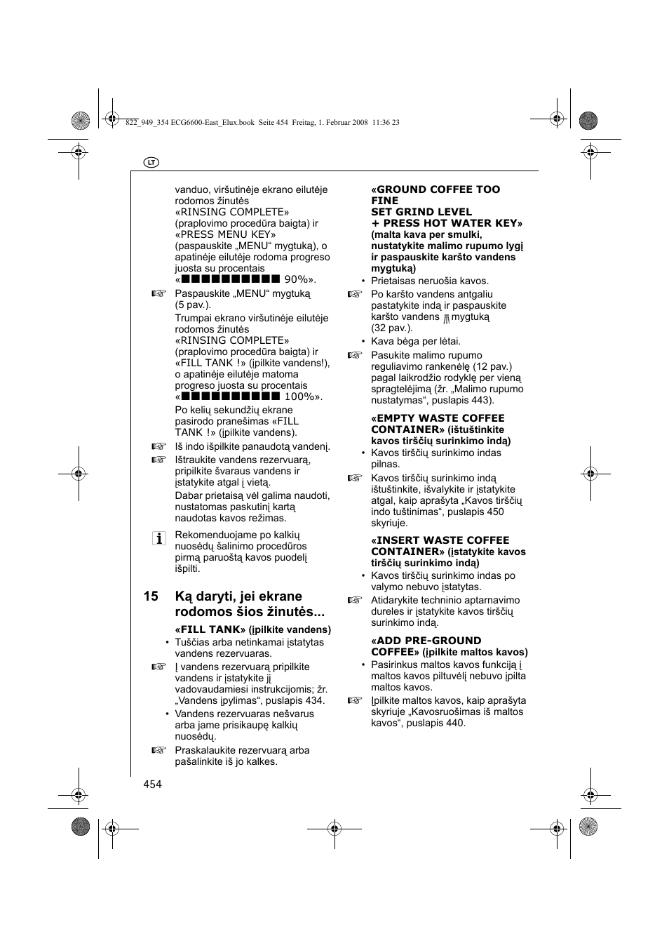 15 ką daryti, jei ekrane rodomos šios žinutės | Electrolux ECG6600 User Manual | Page 454 / 616