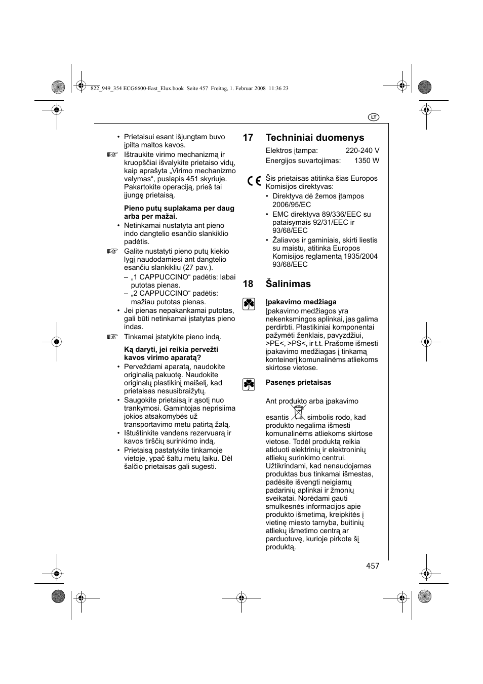 17 techniniai duomenys, 18 šalinimas | Electrolux ECG6600 User Manual | Page 457 / 616