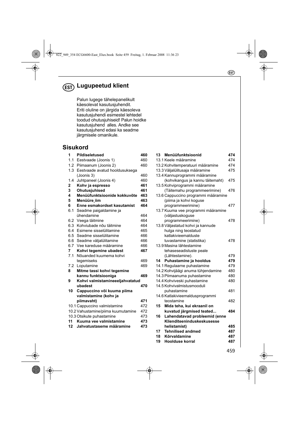 Lugupeetud klient, Sisukord | Electrolux ECG6600 User Manual | Page 459 / 616