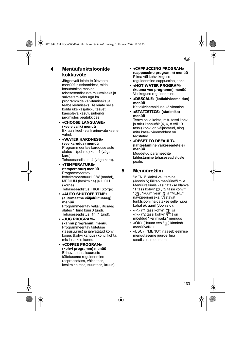 4menüüfunktsioonide kokkuvõte, 5menüürežiim | Electrolux ECG6600 User Manual | Page 463 / 616