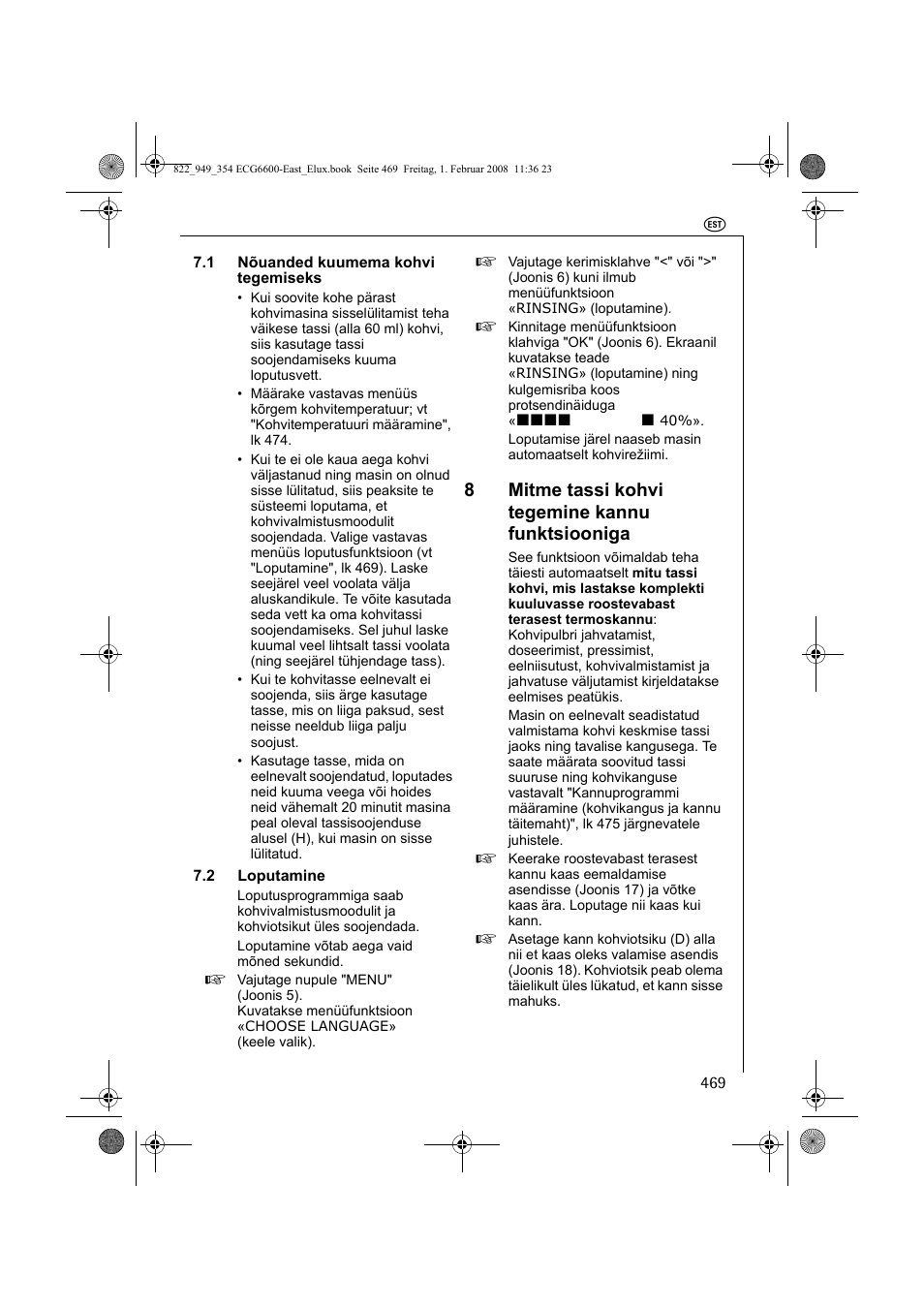 8mitme tassi kohvi tegemine kannu funktsiooniga | Electrolux ECG6600 User Manual | Page 469 / 616