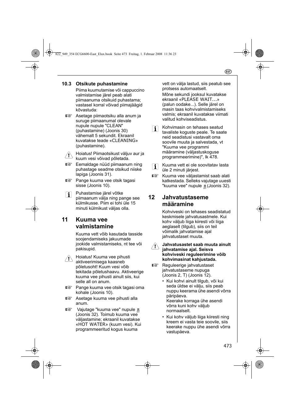 11 kuuma vee valmistamine, 12 jahvatustaseme määramine | Electrolux ECG6600 User Manual | Page 473 / 616