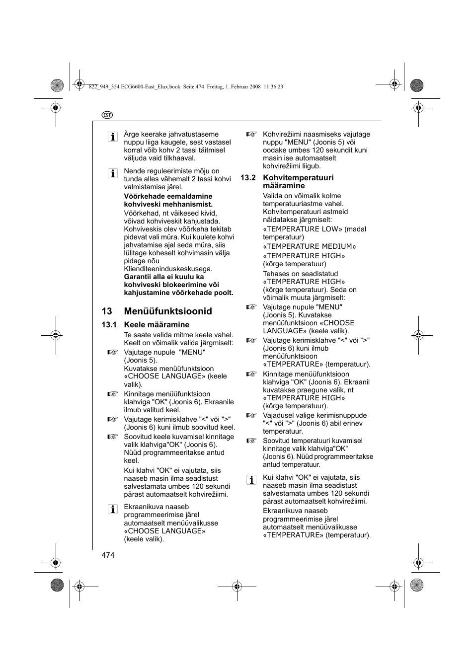 13 menüüfunktsioonid | Electrolux ECG6600 User Manual | Page 474 / 616