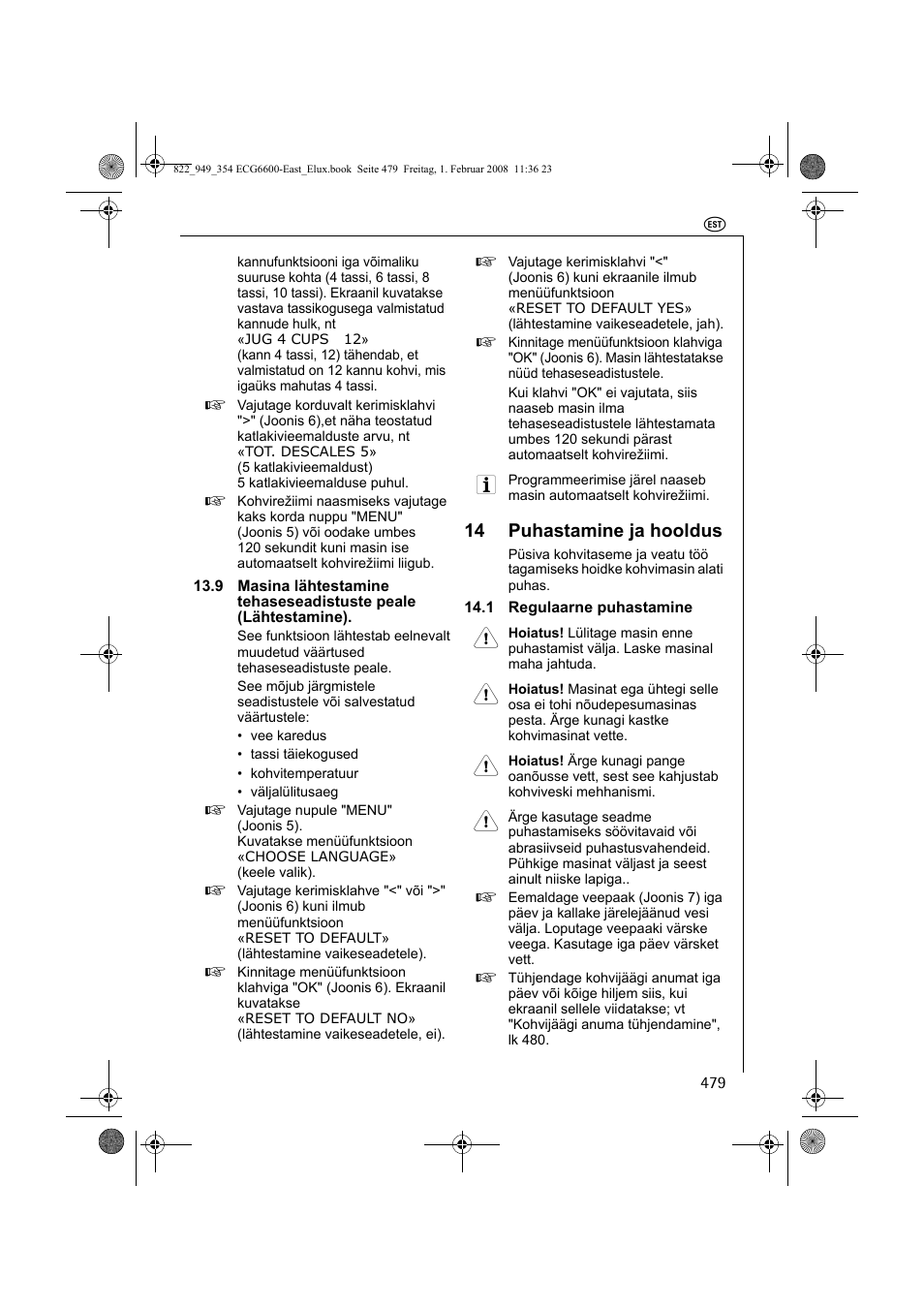 14 puhastamine ja hooldus | Electrolux ECG6600 User Manual | Page 479 / 616