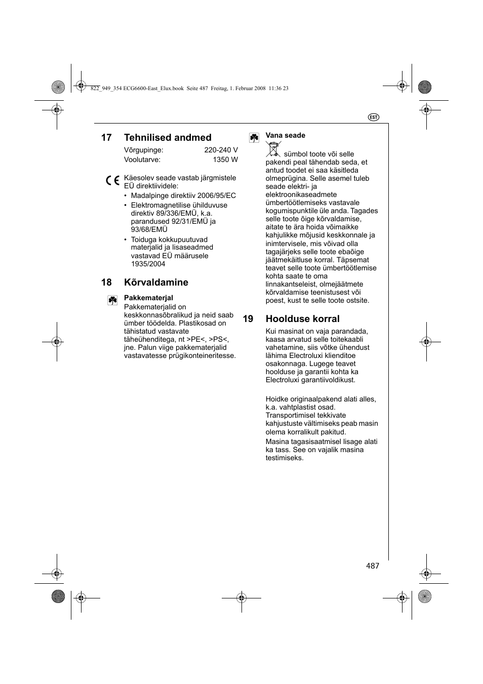 17 tehnilised andmed, 18 kõrvaldamine 2, 19 hoolduse korral | Electrolux ECG6600 User Manual | Page 487 / 616