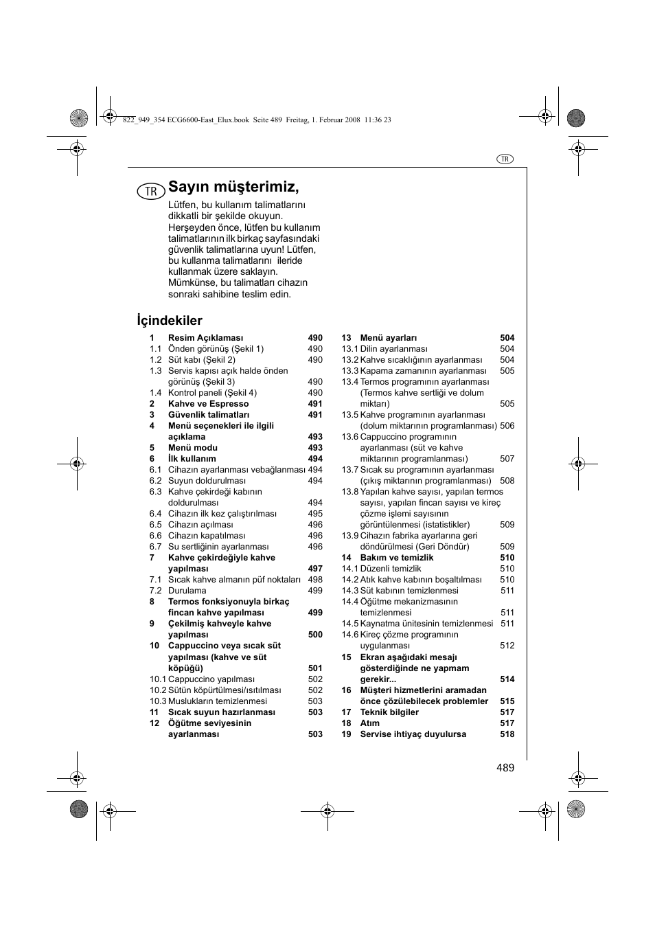 Sayın müşterimiz, Içindekiler | Electrolux ECG6600 User Manual | Page 489 / 616