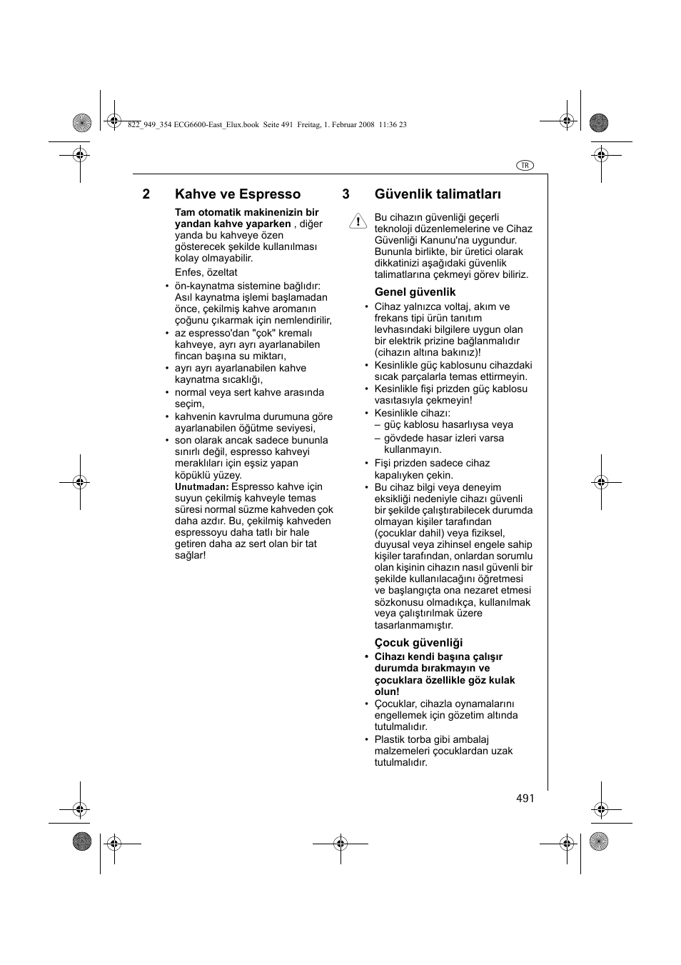 2kahve ve espresso, 3güvenlik talimatları 1 | Electrolux ECG6600 User Manual | Page 491 / 616