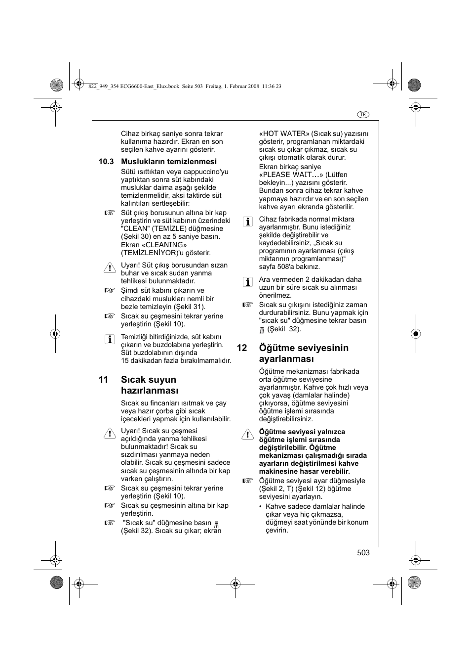 11 sıcak suyun hazırlanması, 12 öğütme seviyesinin ayarlanması | Electrolux ECG6600 User Manual | Page 503 / 616