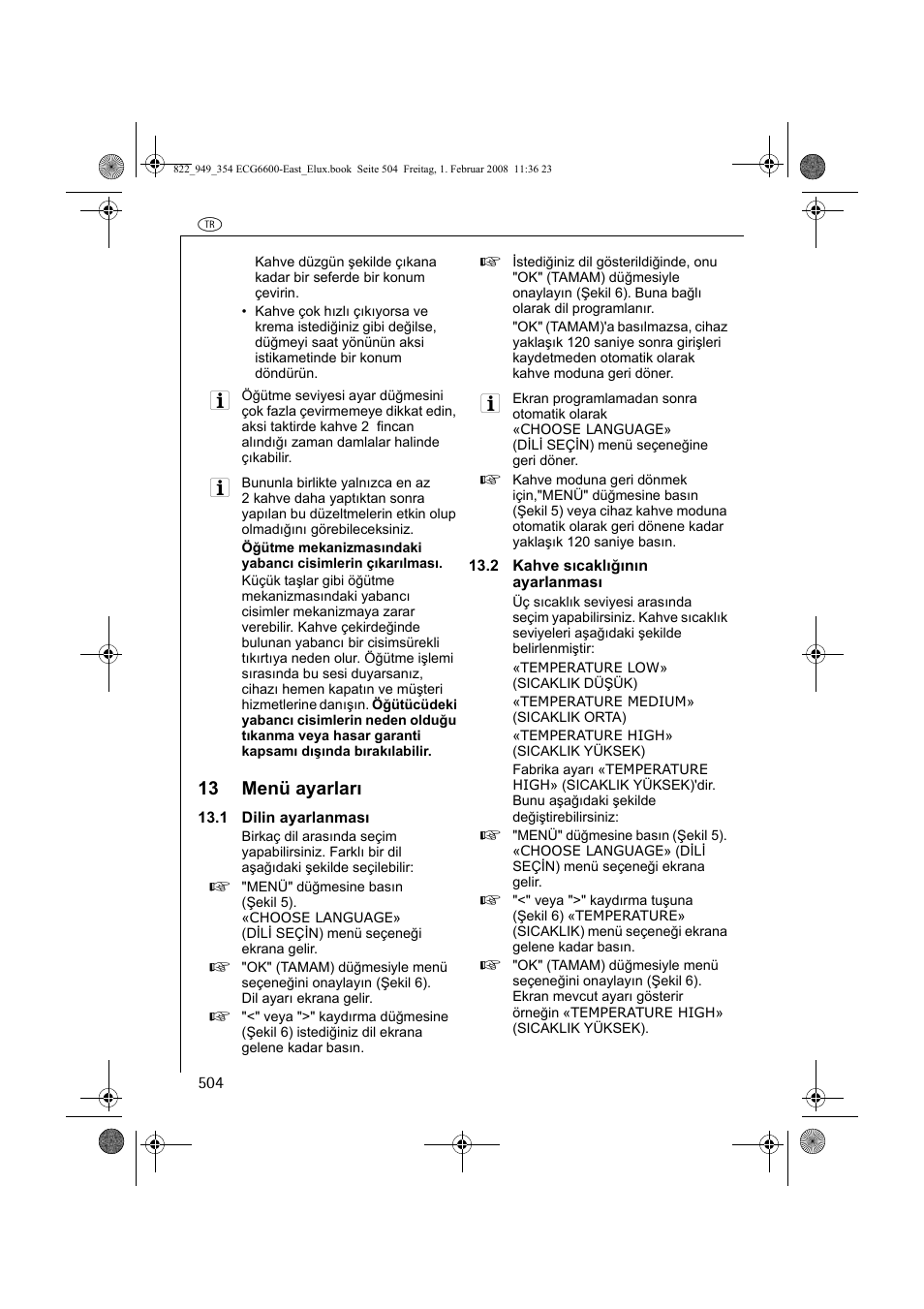 13 menü ayarları | Electrolux ECG6600 User Manual | Page 504 / 616