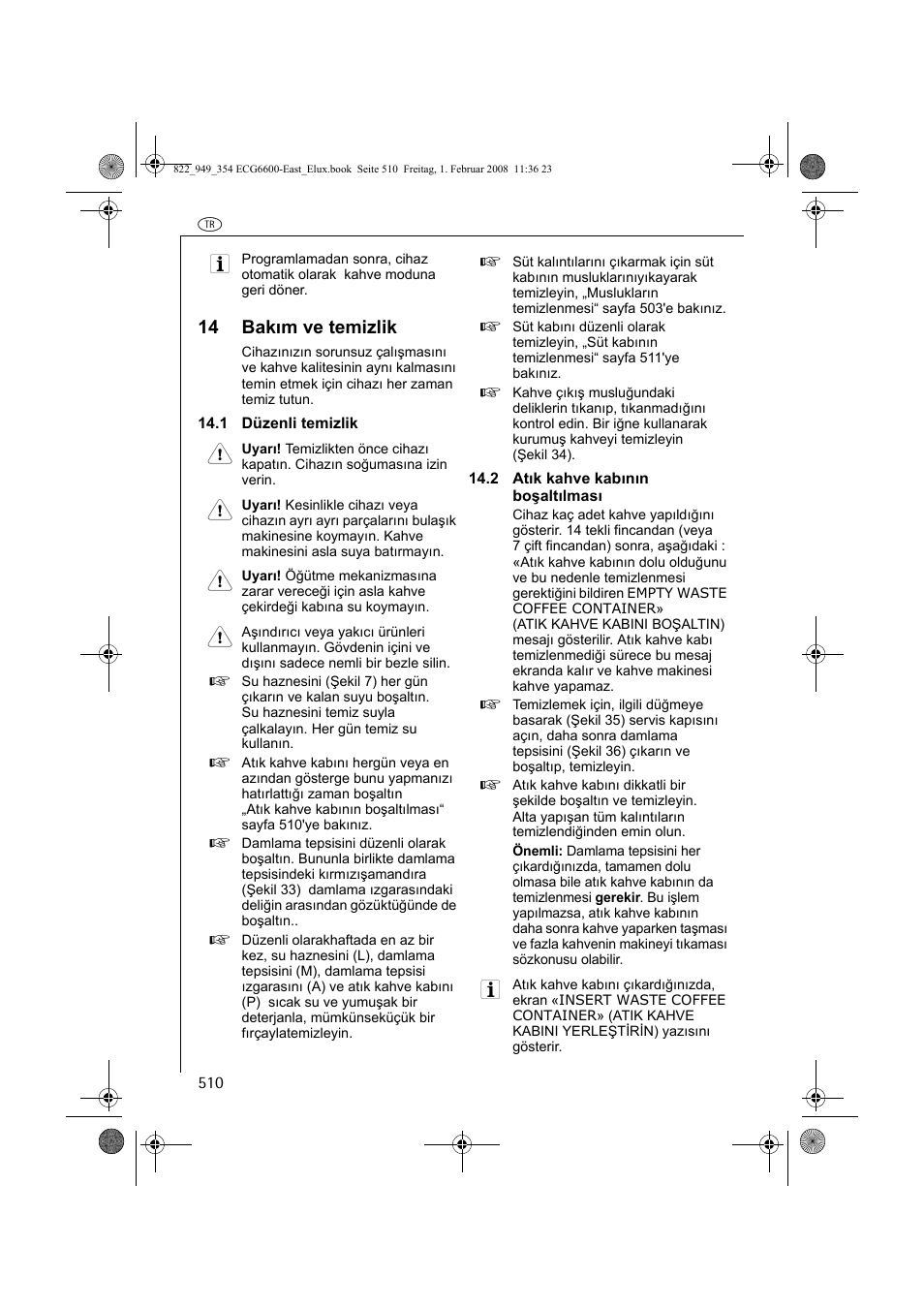 14 bakım ve temizlik | Electrolux ECG6600 User Manual | Page 510 / 616