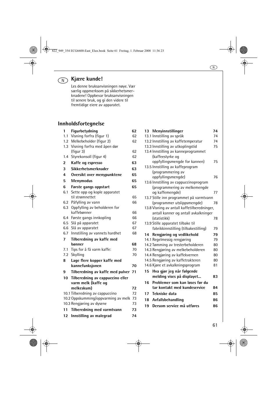 Kjære kunde, Innholdsfortegnelse | Electrolux ECG6600 User Manual | Page 61 / 616