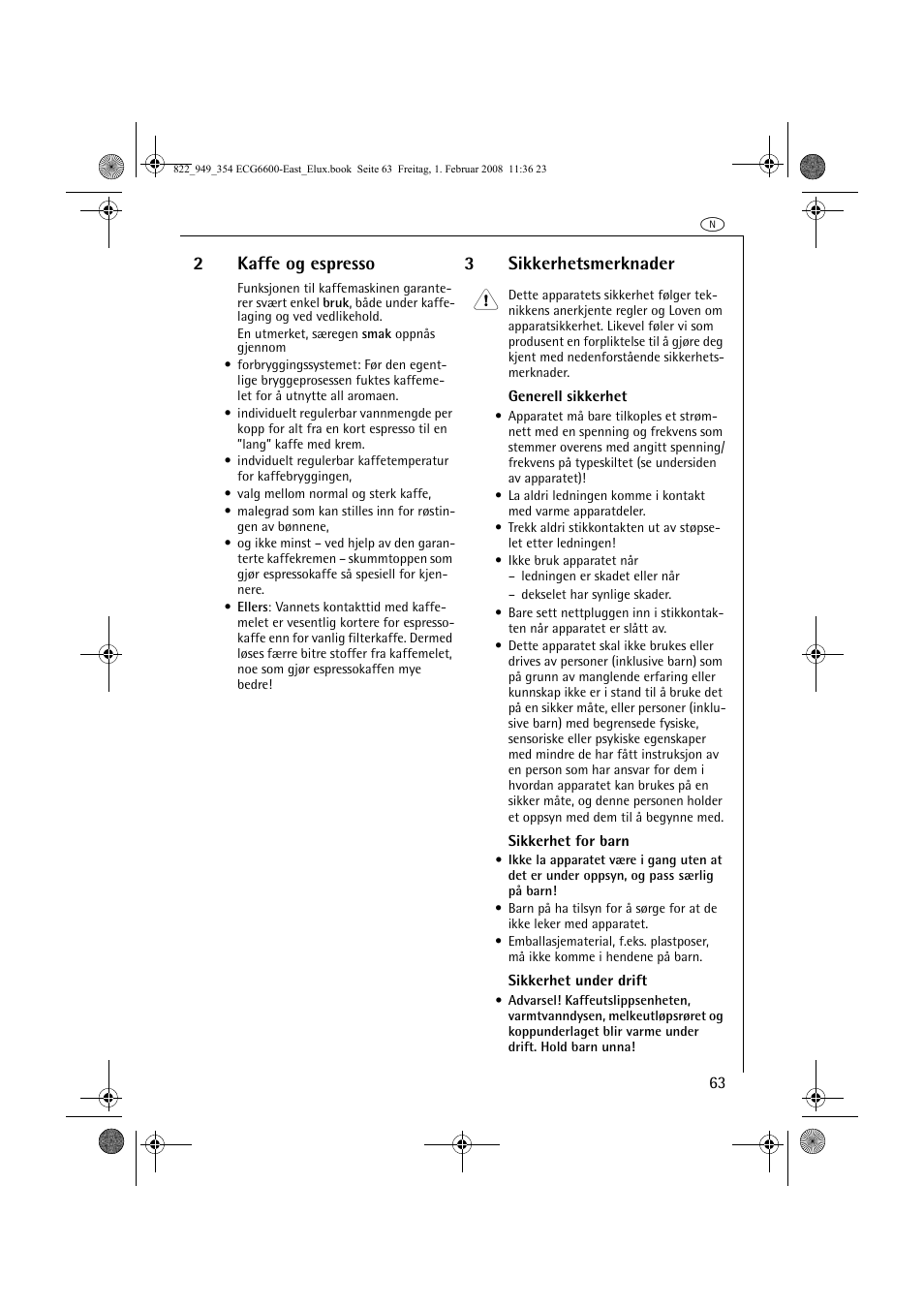 2kaffe og espresso, 3sikkerhetsmerknader 1 | Electrolux ECG6600 User Manual | Page 63 / 616