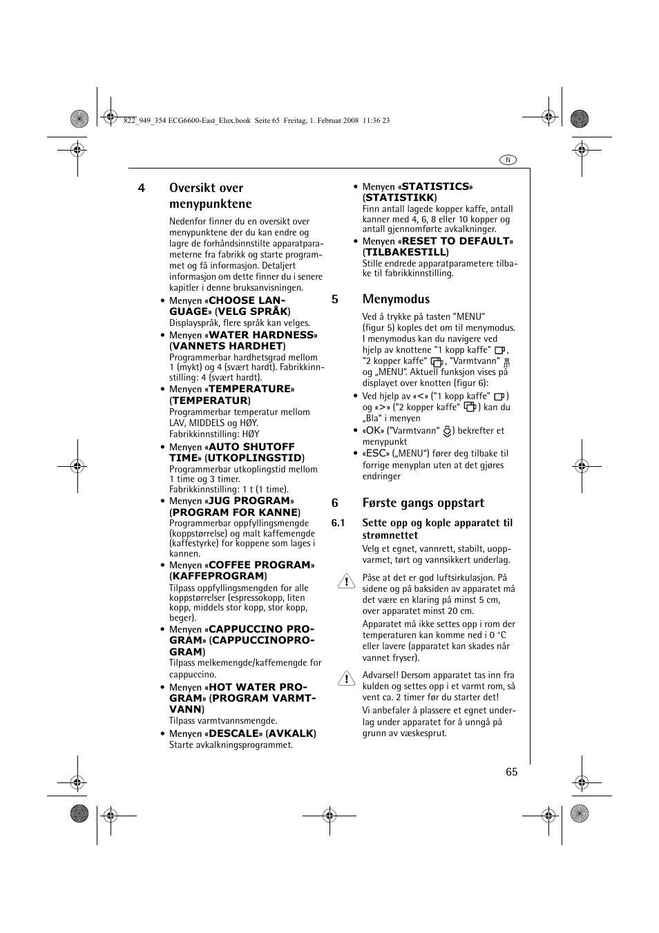 4oversikt over menypunktene, 5menymodus, 6første gangs oppstart | Electrolux ECG6600 User Manual | Page 65 / 616