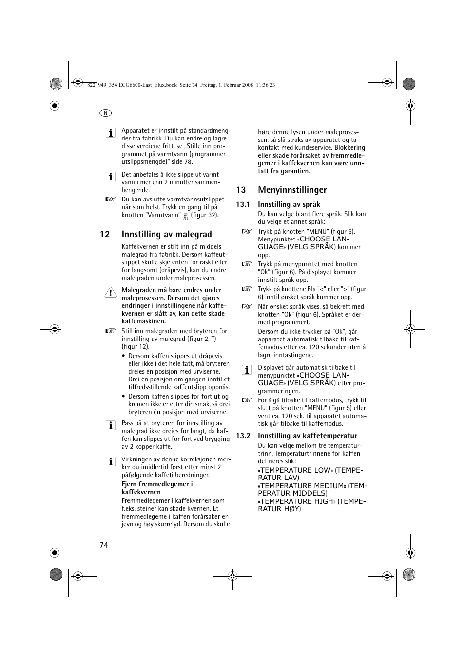 12 innstilling av malegrad, 13 menyinnstillinger | Electrolux ECG6600 User Manual | Page 74 / 616