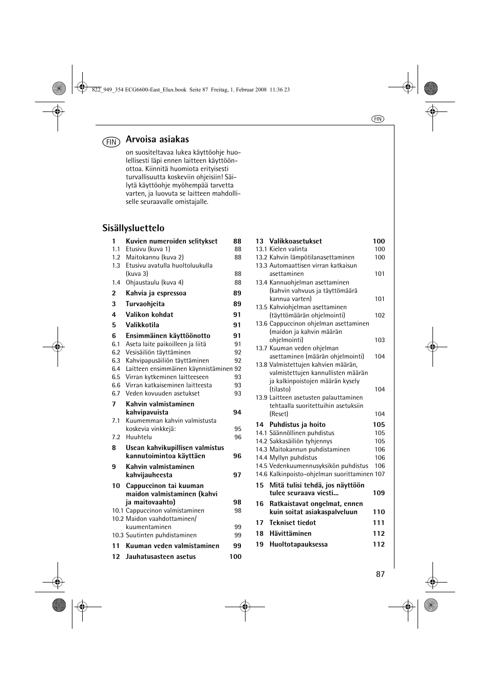 Arvoisa asiakas, Sisällysluettelo | Electrolux ECG6600 User Manual | Page 87 / 616