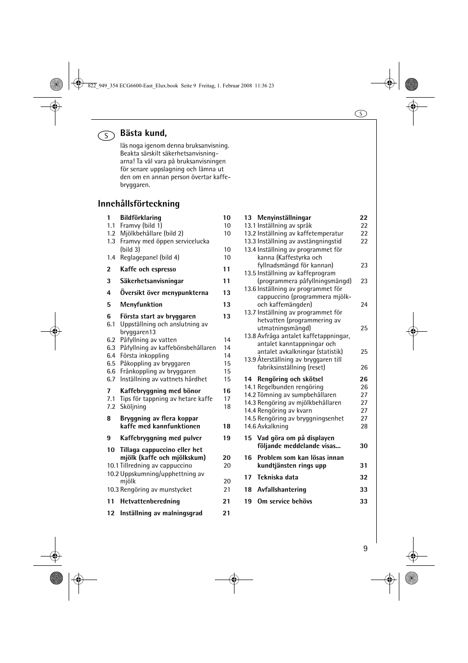 Bästa kund, Innehållsförteckning | Electrolux ECG6600 User Manual | Page 9 / 616