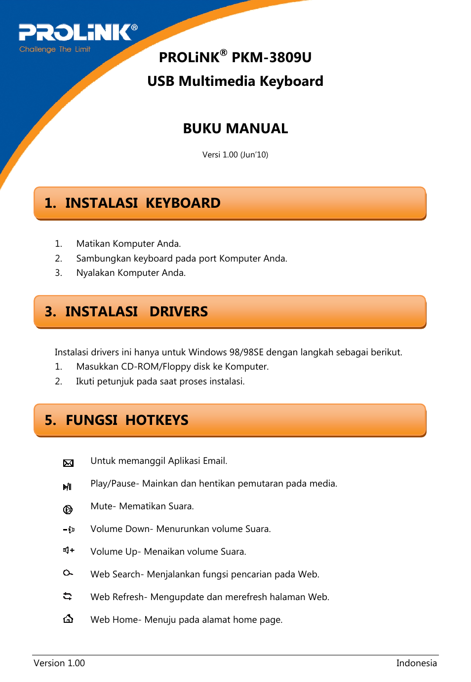Pkm-3809u_um_ver1 00_2010 07 19 indonesia.pdf, Prolink, Pkm-3809u usb multimedia keyboard buku manual | PROLiNK PKM3809U User Manual | Page 3 / 4