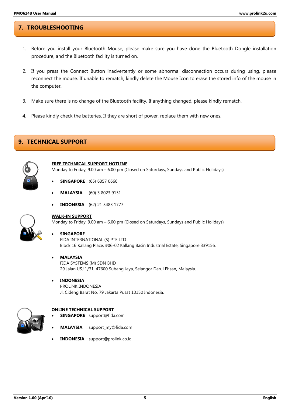 Technical support 7. troubleshooting | PROLiNK PMO624B User Manual | Page 5 / 5