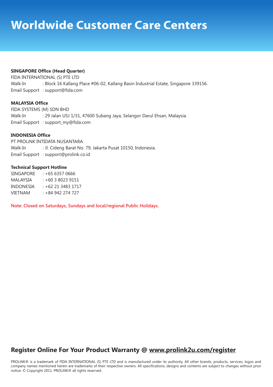 Worldwide customer care centers | PROLiNK PMO716G User Manual | Page 8 / 8