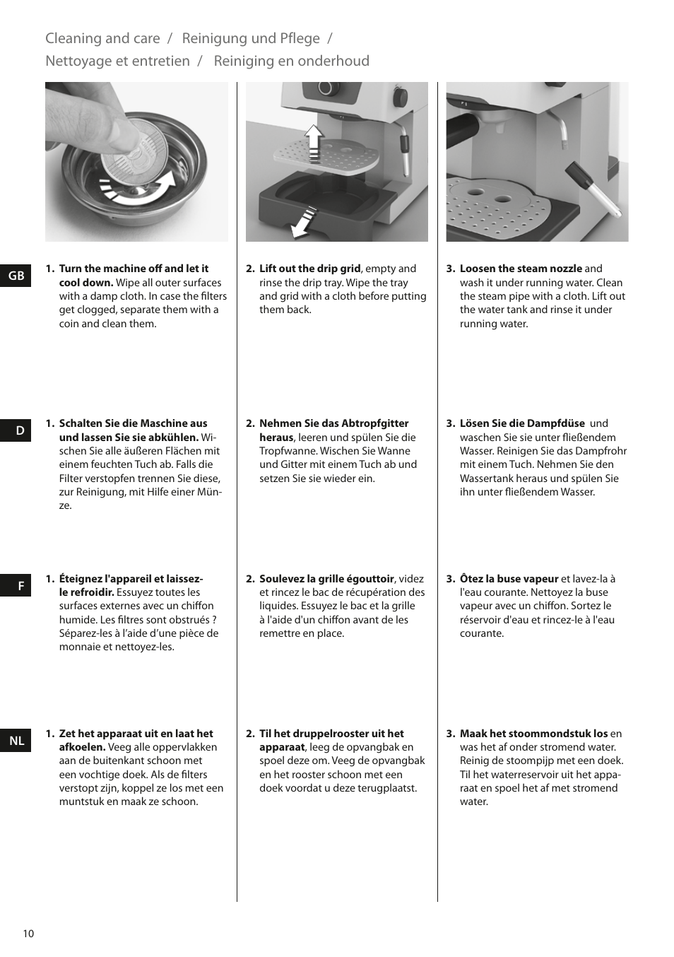 Cleaning and care, Reinigung und pflege, Nettoyage et entretien | Reiniging en onderhoud | Electrolux EEA110 User Manual | Page 10 / 88