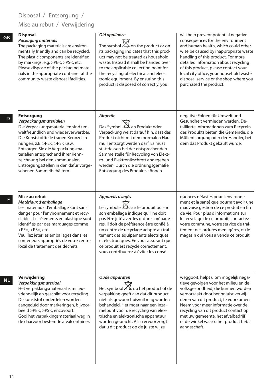 Disposal, Entsorgung, Mise au rebut | Verwijdering | Electrolux EEA110 User Manual | Page 14 / 88