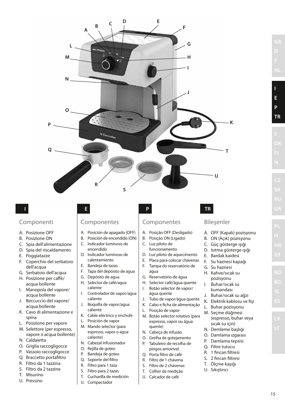 Componenti, Componentes, Bileşenler | Electrolux EEA110 User Manual | Page 15 / 88