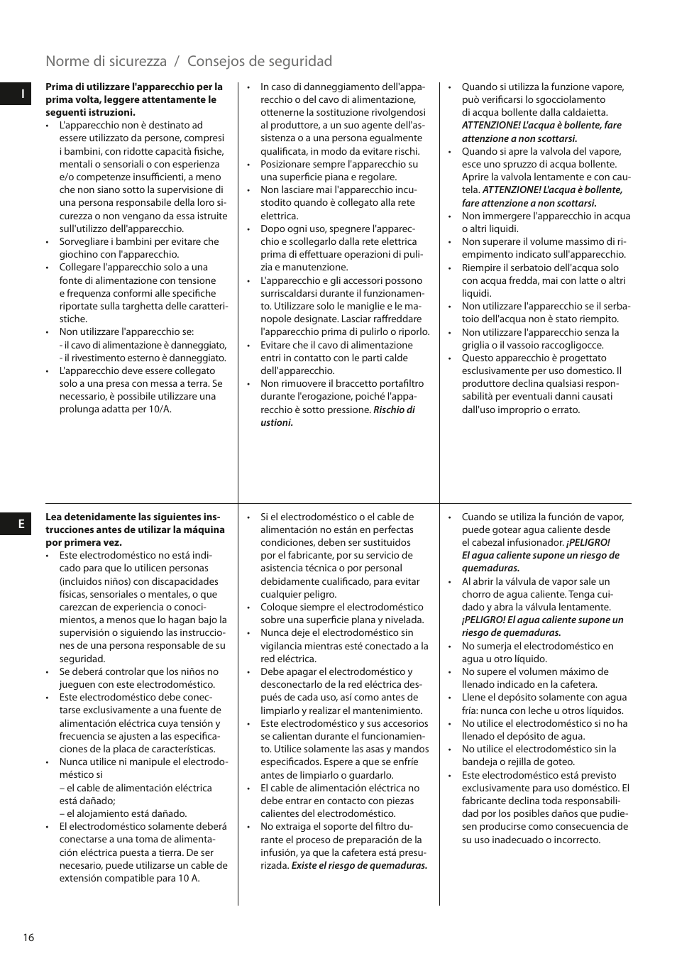 Norme di sicurezza, Consejos de seguridad | Electrolux EEA110 User Manual | Page 16 / 88