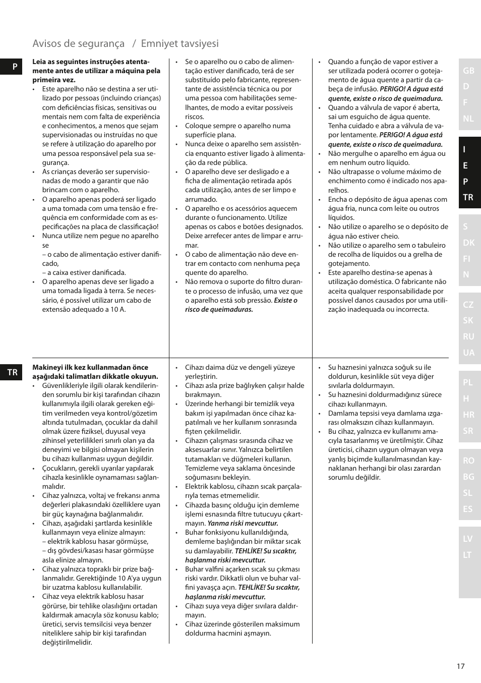 Avisos de segurança, Emniyet tavsiyesi | Electrolux EEA110 User Manual | Page 17 / 88