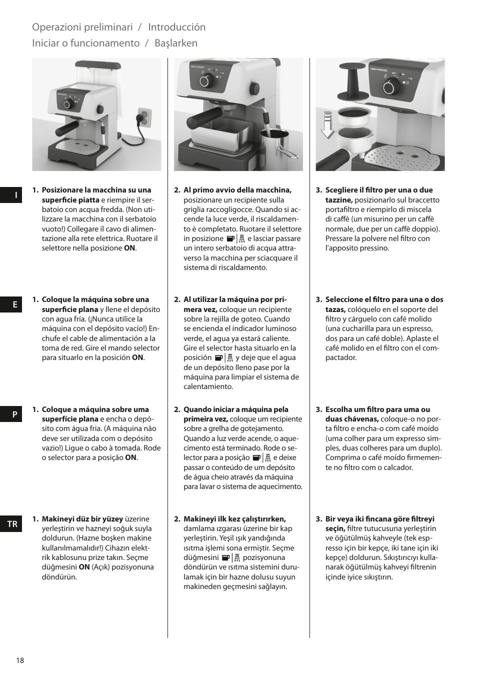 Operazioni preliminari, Introducción, Iniciar o funcionamento / başlarken | Electrolux EEA110 User Manual | Page 18 / 88