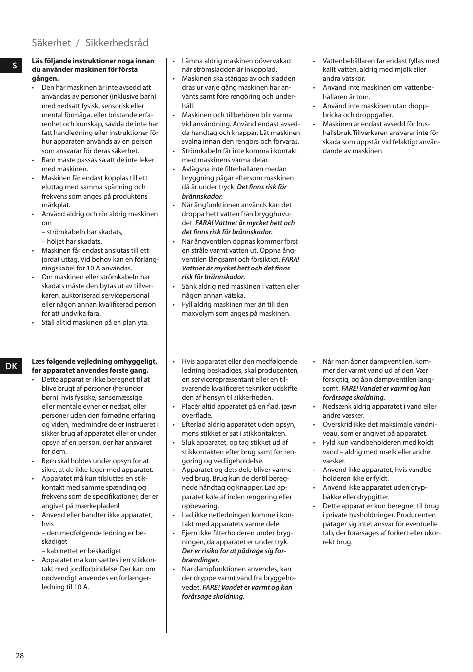 Säkerhet, Sikkerhedsråd | Electrolux EEA110 User Manual | Page 28 / 88