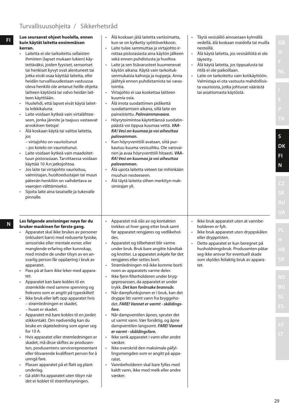 Turvallisuusohjeita, Sikkerhetsråd | Electrolux EEA110 User Manual | Page 29 / 88