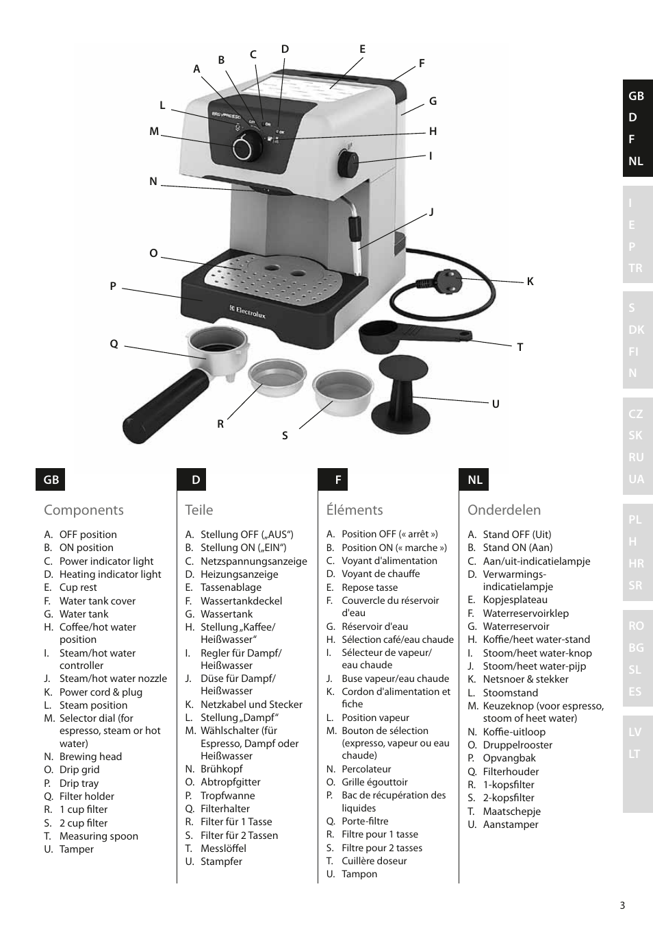 Components, Teile, Éléments | Onderdelen | Electrolux EEA110 User Manual | Page 3 / 88