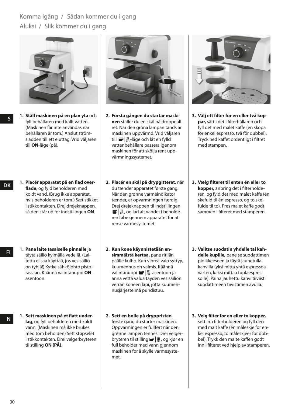 Komma igång, Sådan kommer du i gang, Aluksi | Slik kommer du i gang | Electrolux EEA110 User Manual | Page 30 / 88