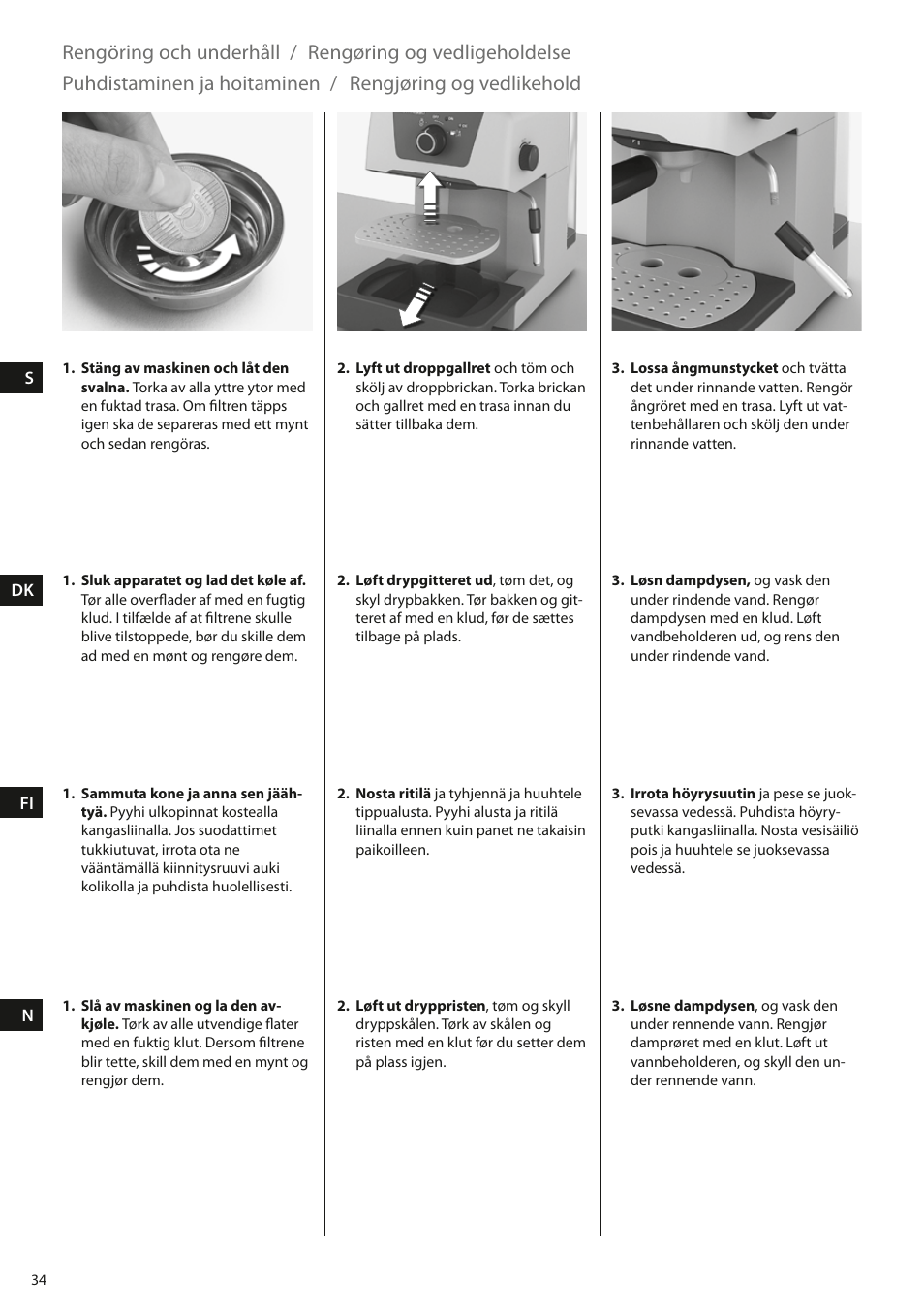Rengöring och underhåll, Rengøring og vedligeholdelse, Puhdistaminen ja hoitaminen | Rengjøring og vedlikehold | Electrolux EEA110 User Manual | Page 34 / 88