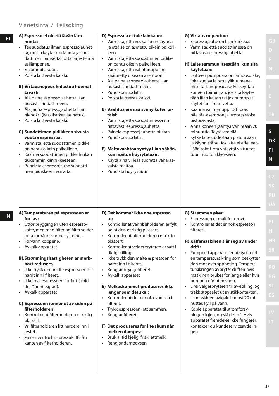 Vianetsintä, Feilsøking | Electrolux EEA110 User Manual | Page 37 / 88