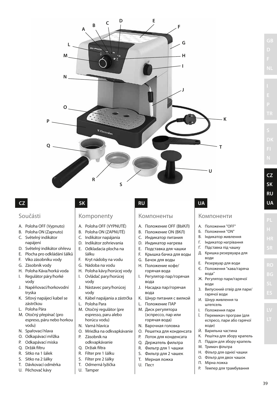 Součásti, Komponenty, Компоненты | Компоненти | Electrolux EEA110 User Manual | Page 39 / 88