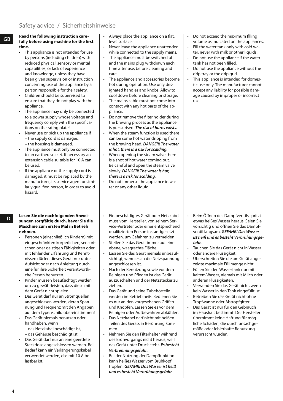 Safety advice, Sicherheitshinweise | Electrolux EEA110 User Manual | Page 4 / 88