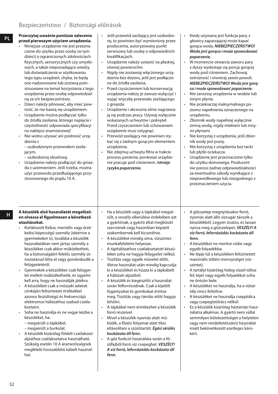 Bezpieczeństwo, Biztonsági előírások | Electrolux EEA110 User Manual | Page 52 / 88