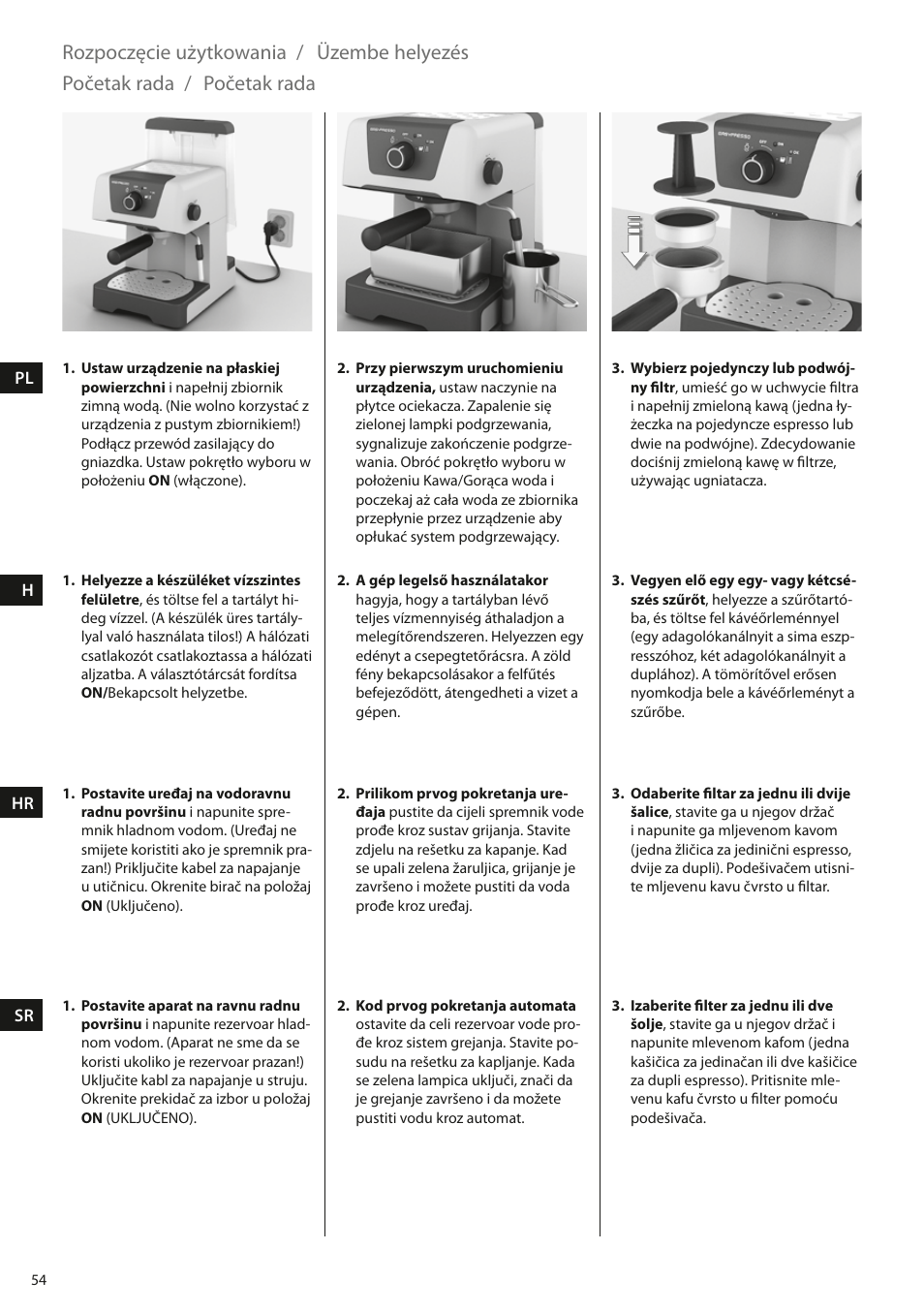 Rozpoczęcie użytkowania, Üzembe helyezés početak rada, Početak rada | Electrolux EEA110 User Manual | Page 54 / 88