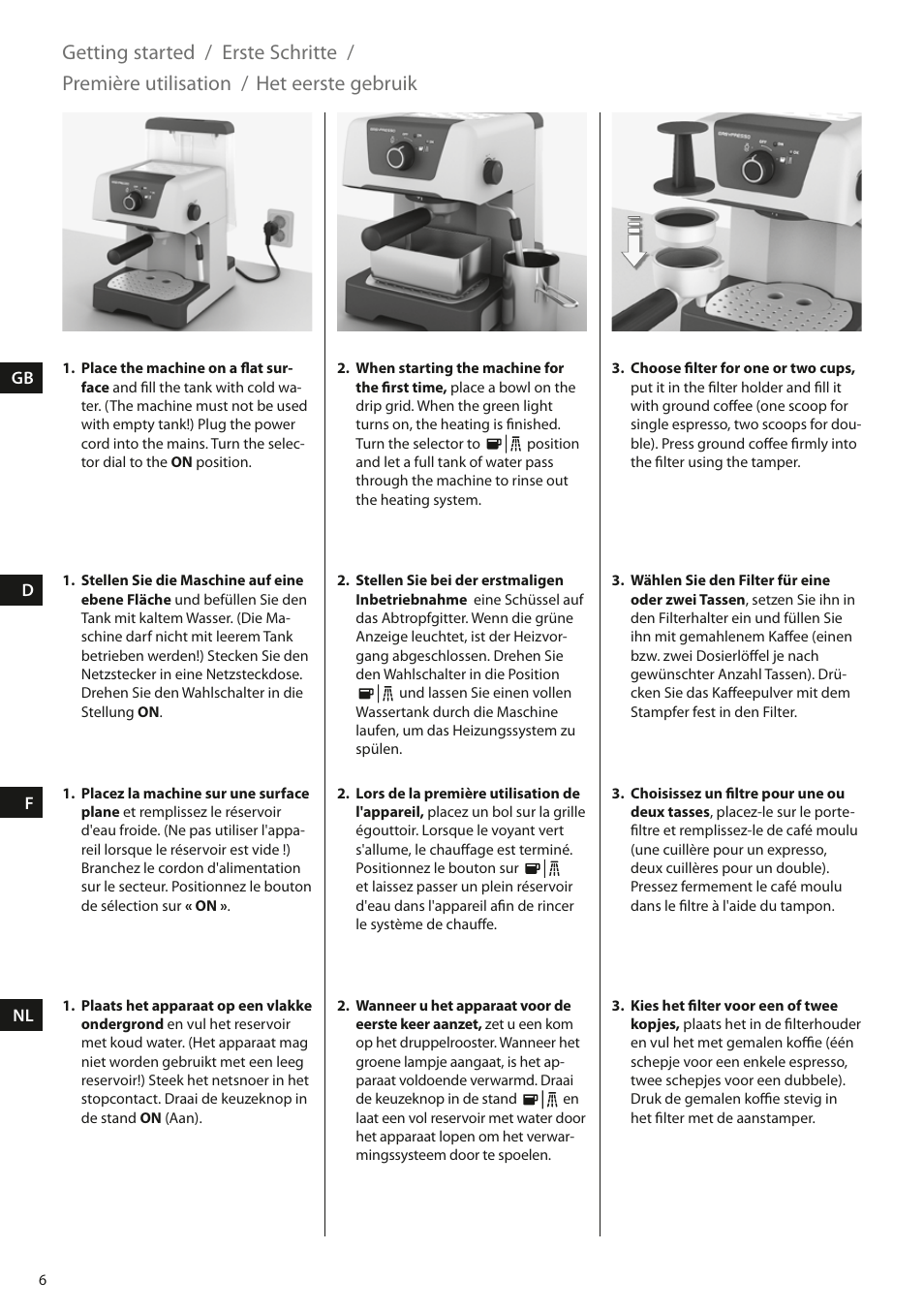 Getting started, Erste schritte, Première utilisation | Het eerste gebruik | Electrolux EEA110 User Manual | Page 6 / 88