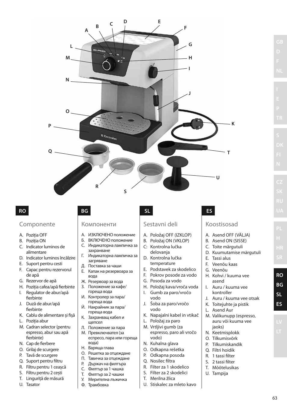 Componente, Компоненти, Sestavni deli | Koostisosad | Electrolux EEA110 User Manual | Page 63 / 88