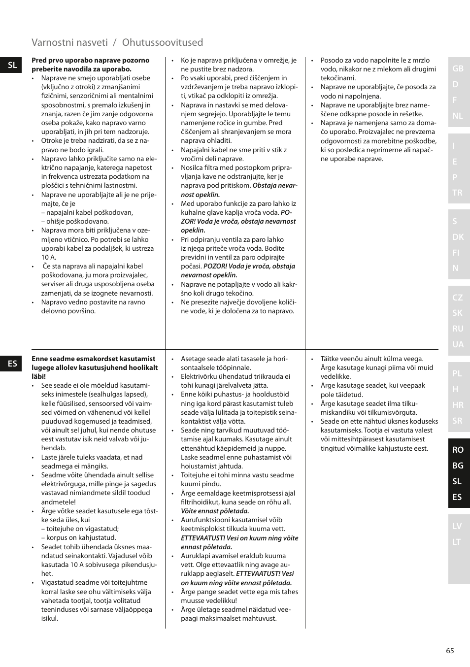 Varnostni nasveti, Ohutussoovitused | Electrolux EEA110 User Manual | Page 65 / 88