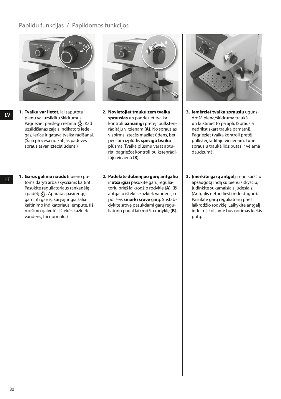 Papildu funkcijas, Papildomos funkcijos | Electrolux EEA110 User Manual | Page 80 / 88