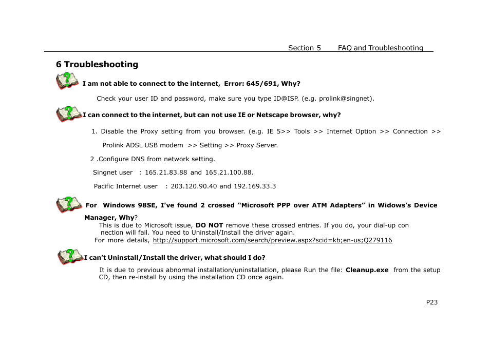 6 troubleshooting | PROLiNK HURRICANE 8000 ADSL MODEM User Manual | Page 26 / 30