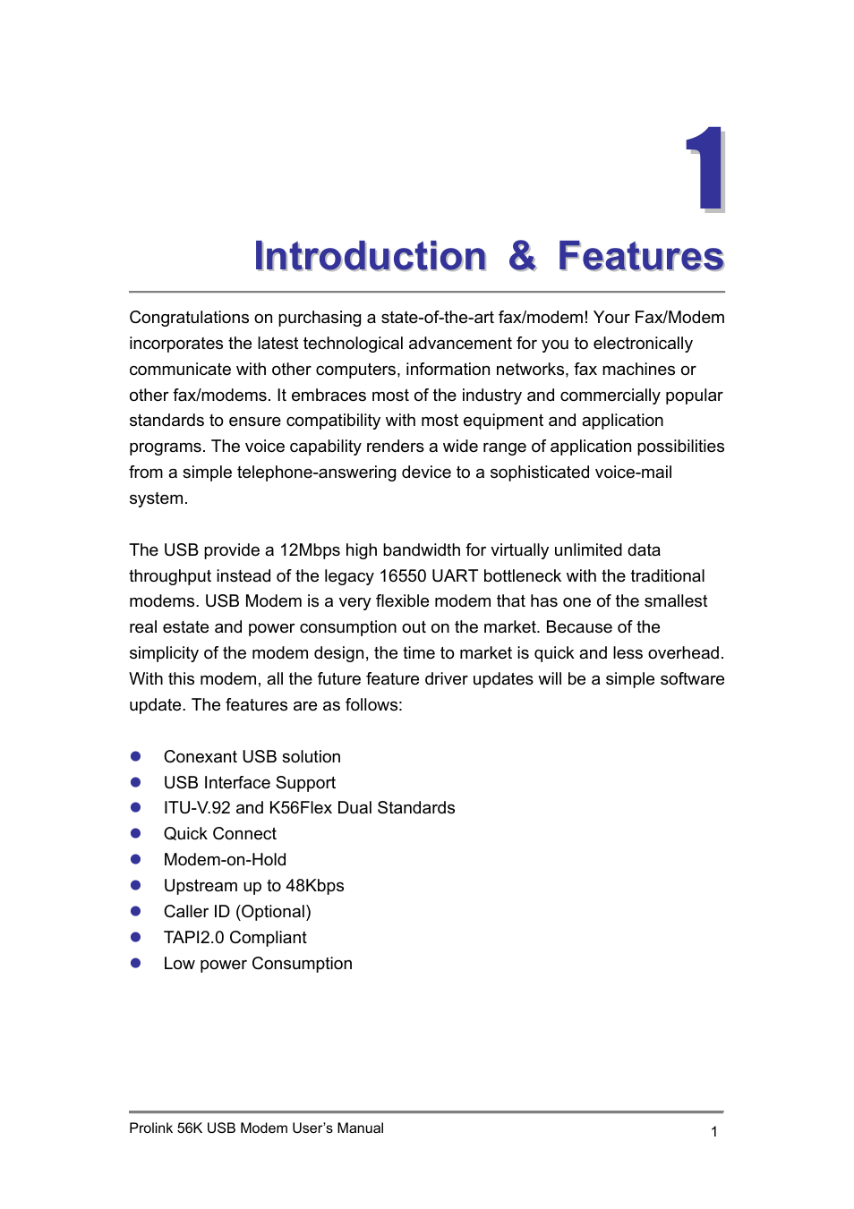 1 introduction & features | PROLiNK 1456U PROLiNK 56K USB Modem User Manual | Page 2 / 11
