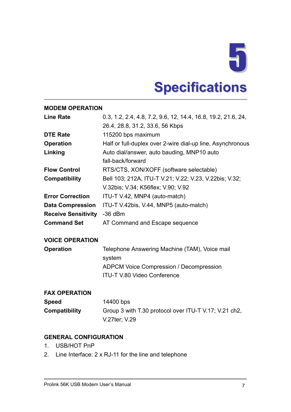 5 specifications | PROLiNK 1456U PROLiNK 56K USB Modem User Manual | Page 8 / 11